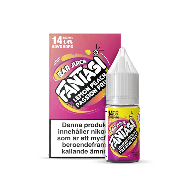 Fantasi Bar Salt Lemon Peach Passion Fruit originalflaska framför originalförpackning mot vit bakgrund