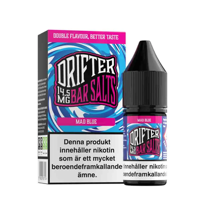 Drifter Bar Salts Mad Blue 10ml, Nic Salt flaska bredvid originalförpackning.