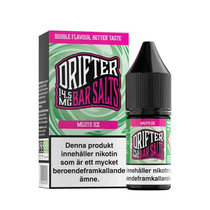 Drifter Bar Salts Mojito Ice 10ml, Nic Salt flaska bredvid originalförpackning