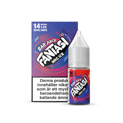 Fantasi Bar Salt NRG Ice priginalflaska framför originalförpackning mot vit bakgrund