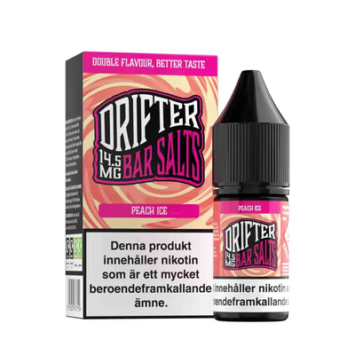 Drifter Bar Salts Peach Ice 10ml, Nic Salt flaska bredvid originalförpackning