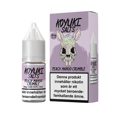 Koyuki Salts Peach Mango Crumble 10ml, Nic Salt flaska bredvid originalförpackning