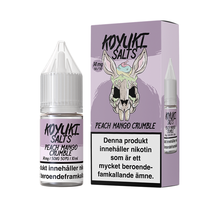 Koyuki Salts Peach Mango Crumble 10ml, Nic Salt flaska bredvid originalförpackning