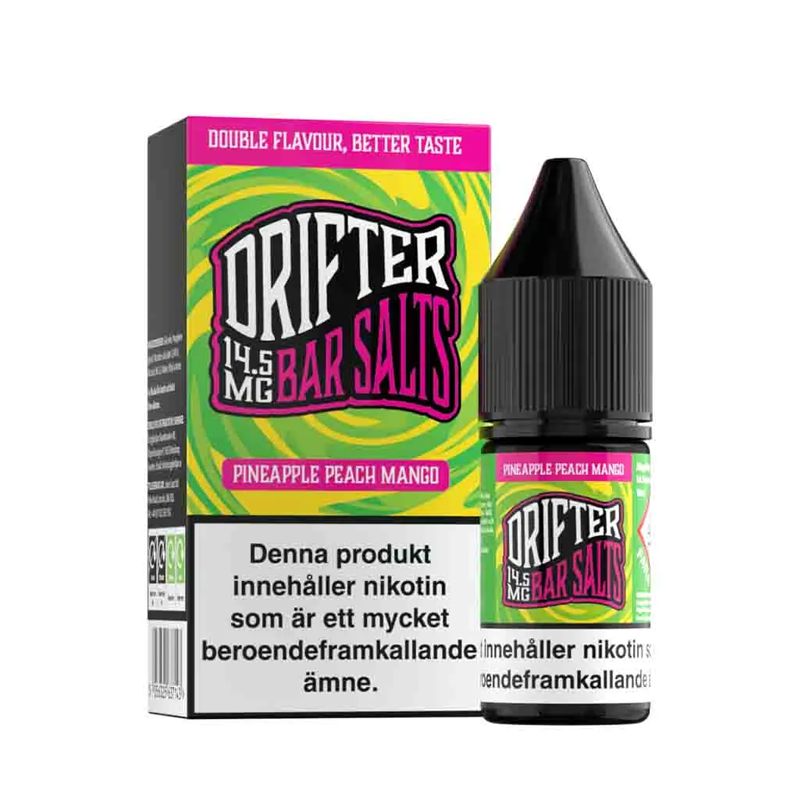 Drifter Bar Salts Pineapple Peach Mango 10ml, Nic Salt flaska bredvid originalflaska