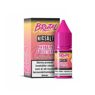 Just Juice Brutal Rhubarb & Custard originalflaska framför kartong mot vit bakgrund