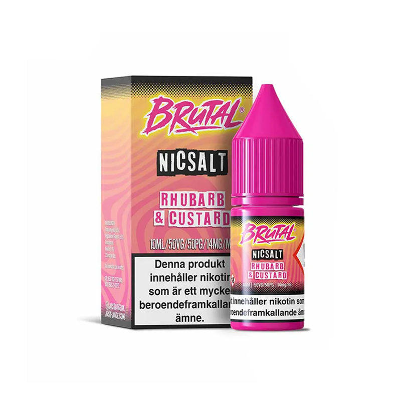 Just Juice Brutal Rhubarb & Custard originalflaska framför kartong mot vit bakgrund