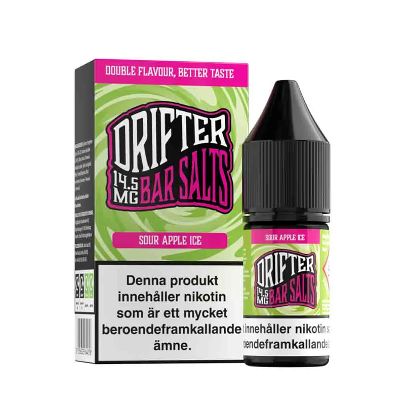 Drifter Bar Salts Sour Apple Ice 10ml, Nic Salt flaska bredvid originalförpackning
