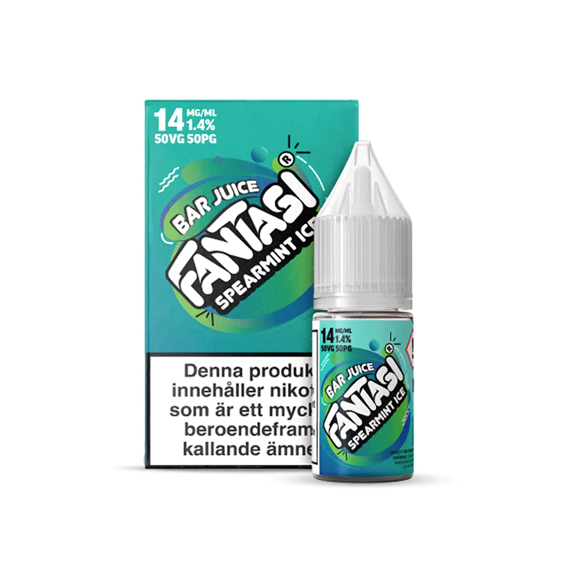 Fantasi Bar Salt Spearmint Ice originalflaska framför originalförpackning mot vit bakgrund
