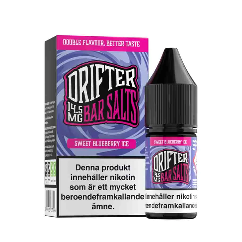 Drifter Bar Salts Sweet Blueberry Ice 10ml, Nic Salt flaska bredvid originalförpackning