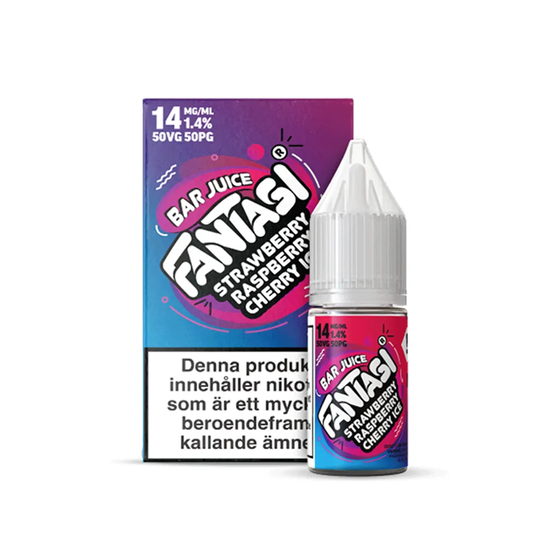 Fantasi Bar Salt Strawberry Raspberry Cherry Ice originalflaska framför originalförpackning mot vit bakgrund