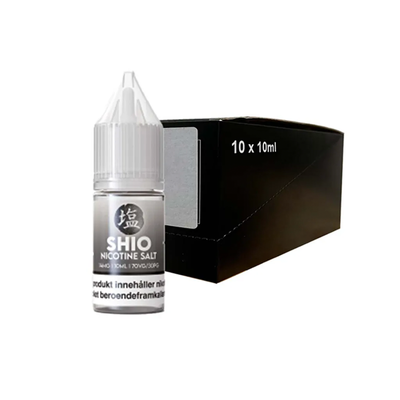 Shio Nikotinshot SALT 14mg originalflaska framför 10-pack låda