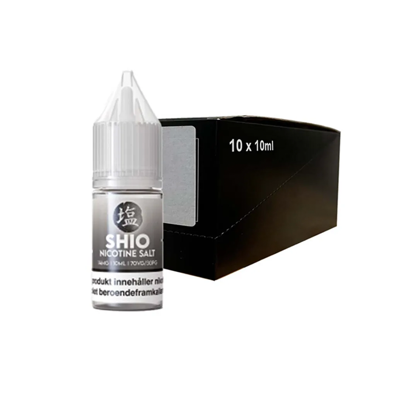 Shio Nikotinshot SALT 14mg originalflaska framför 10-pack låda