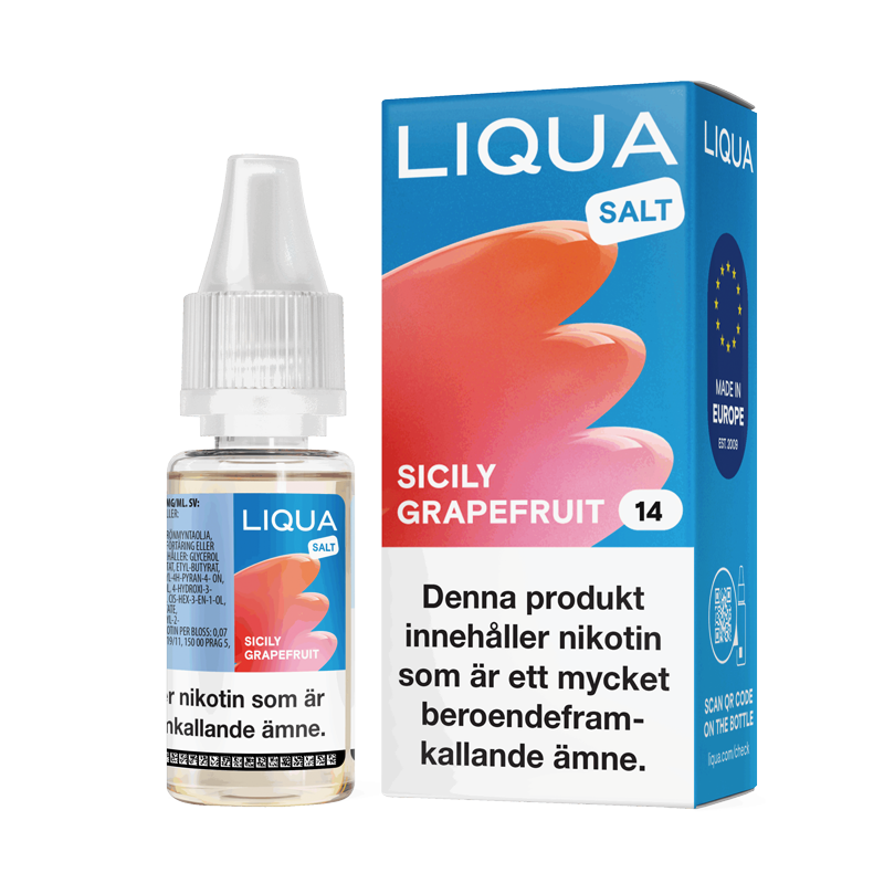 Liqua Salt Sicily Grapefruit 10ml Nic Salt flaska bredvid originalförpackning