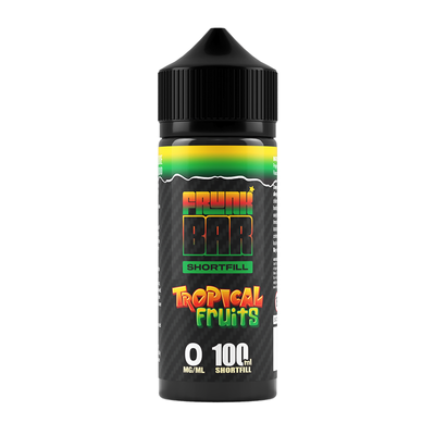 Svart, grön och orange flaska. På flaskan står det frunk bar shortfill tropical fruits 0 mg/ml 100ml shortfill