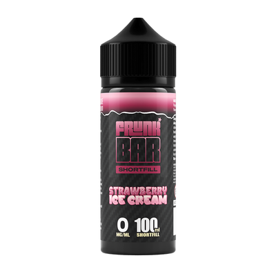 Svart, röd och rosa flaska. På flaskan står det frunk bar shortfill strawberry ice cream 0 mg/ml 100ml shortfill