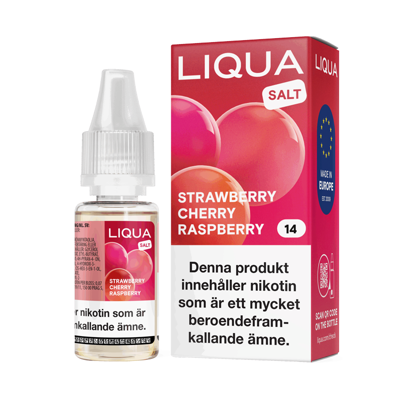 Liqua Salt Strawberry Cherry Raspberry 10ml Nic Salt flaska bredvid originalförpackning
