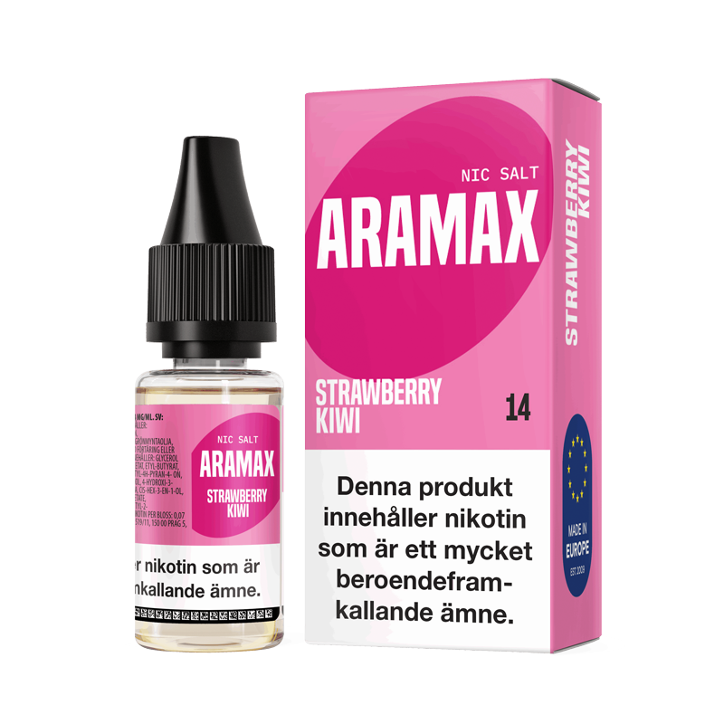 Aramax Salt Strawberry Kiwi 10ml Nic Salt flaska bredvid originalförpackning