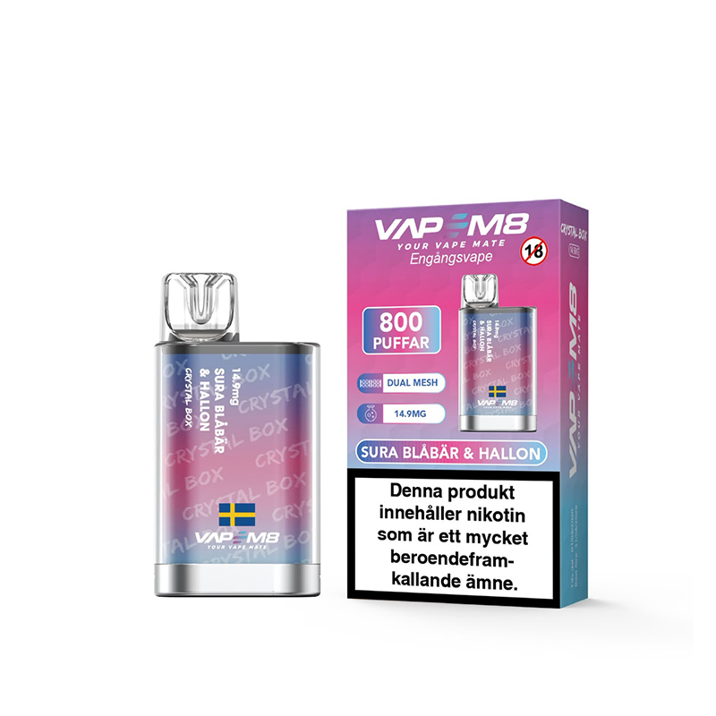 VapeM8 Crystal Box Dual Mesh Sura Blåbär & Hallon Engångs Vape bredvid originalförpackning