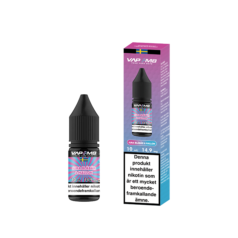 VapeM8 Salt Sura Blåbär & Hallon 10ml Nic Salt flaska bredvid originalförpackning