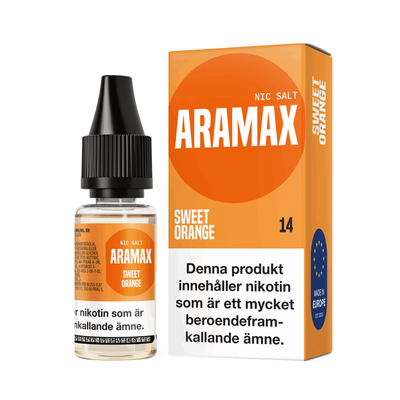 Aramax Salt Sweet Orange 10ml Nic Salt flaska bredvid originalförpackning