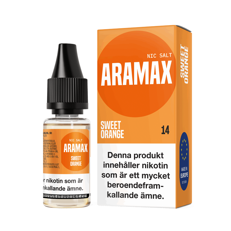 Aramax Salt Sweet Orange 10ml Nic Salt flaska bredvid originalförpackning