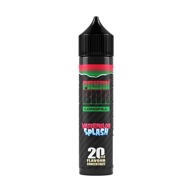 Svart, grön och röd flaska. På flaskan står det frunk bar longfill watermelon splash 20ml flavour concentrate