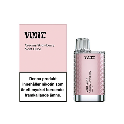 Förpackning och engångsvape Vont Cube creamy strawberry med varningstext om nikotin och märkning 20 mg/ml.
