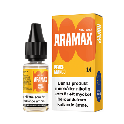 Aramax Salt Peach Mango 10ml Nic Salt originalflaska bredvid originalförpackning