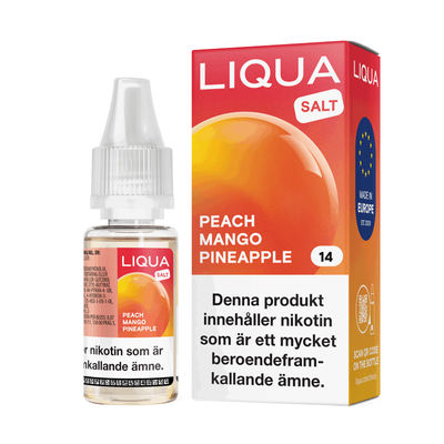 Liqua Salt Peach Mango Pineapple 10ml Nic Salt flaska bredvid originalförpacking