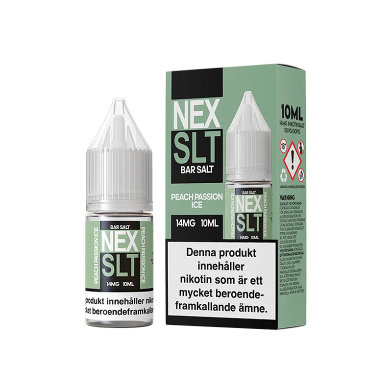 NEX SLT Peach Passion Ice originalflaska till vänster om originalförpackning mot vit bakgrund