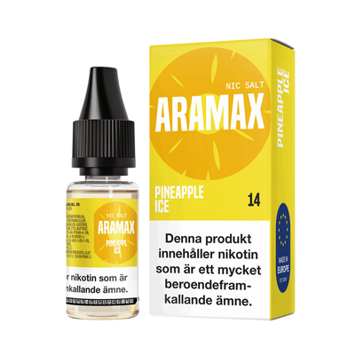 Aramax Salt Pineapple Ice 10ml Nic Salt flaska bredvid originalförpackning