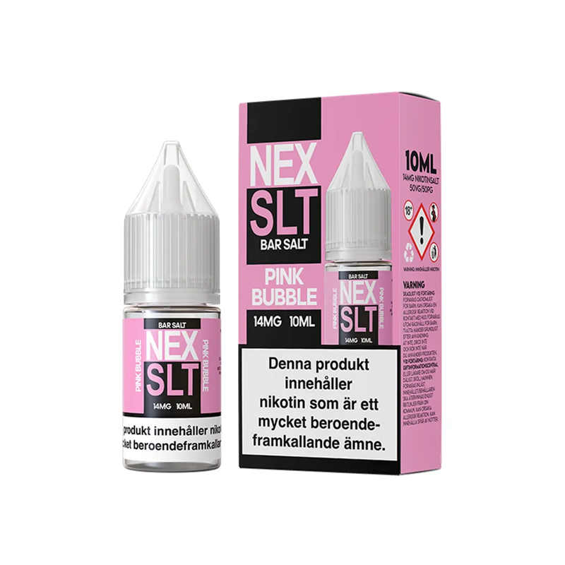 NEX SLT Pink Bubble originalflaska till vänster om originalförpackning mot vit bakgrund