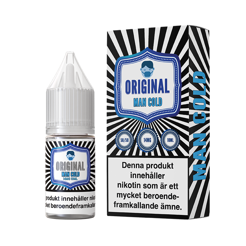 På bilden syns en flaska och låda. båda är svarta och vita. på dom står det original man cold 50/50 14mg 10ml
