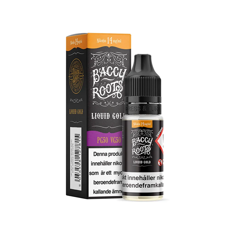 Baccy Roots Liquid Gold Flaska bredvid originalförpackning