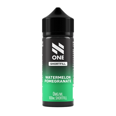 Svart och grön flaska. På flaskan står det N One Shortfill watermelon pomegranate 0mg/ml 100ml shortfill