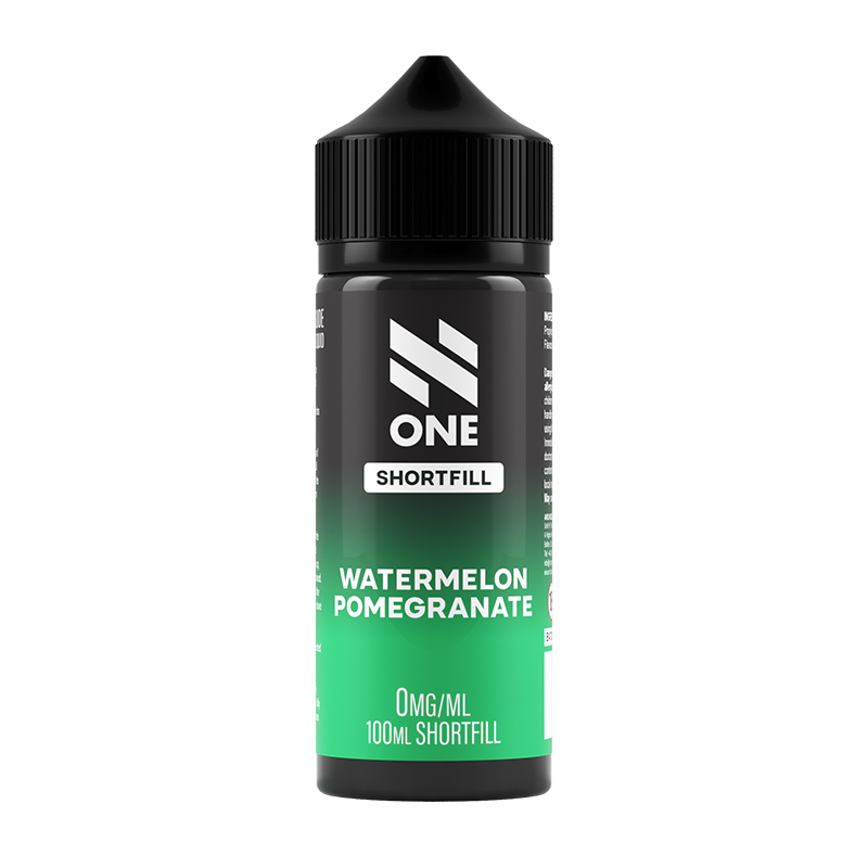 Svart och grön flaska. På flaskan står det N One Shortfill watermelon pomegranate 0mg/ml 100ml shortfill