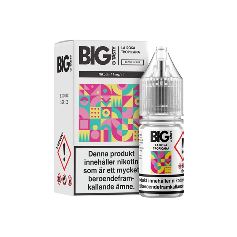 Big Tasty Salt La Rosa Tropicana Flaska bredvid originalförpackning