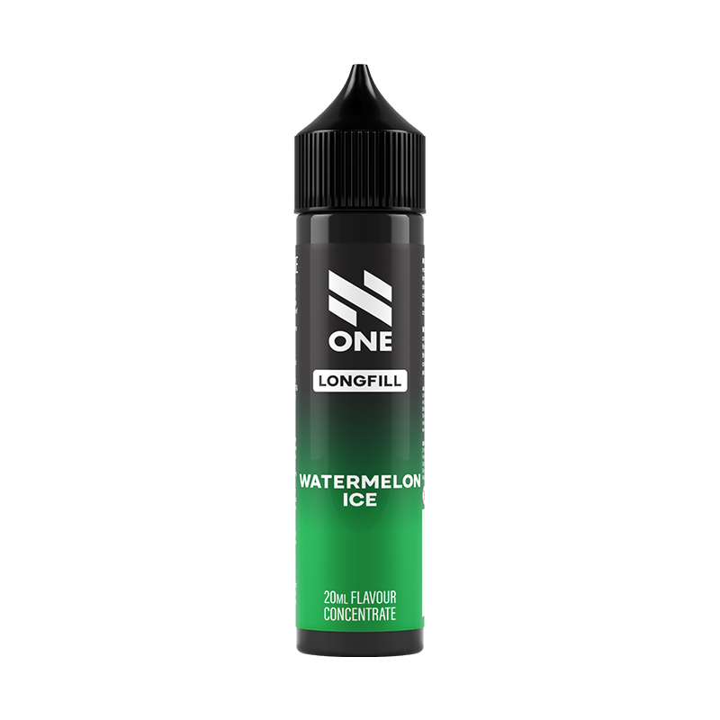 Svart och grön flaska. På flaskan står det N One longfill watermelon ice 20ml flavour concentrate