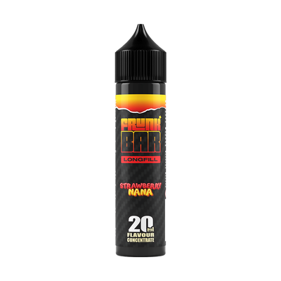 Svart, röd och orange flaska. På flaskan står det frunk bar longfill strawberry nana 20ml flavour concentrate