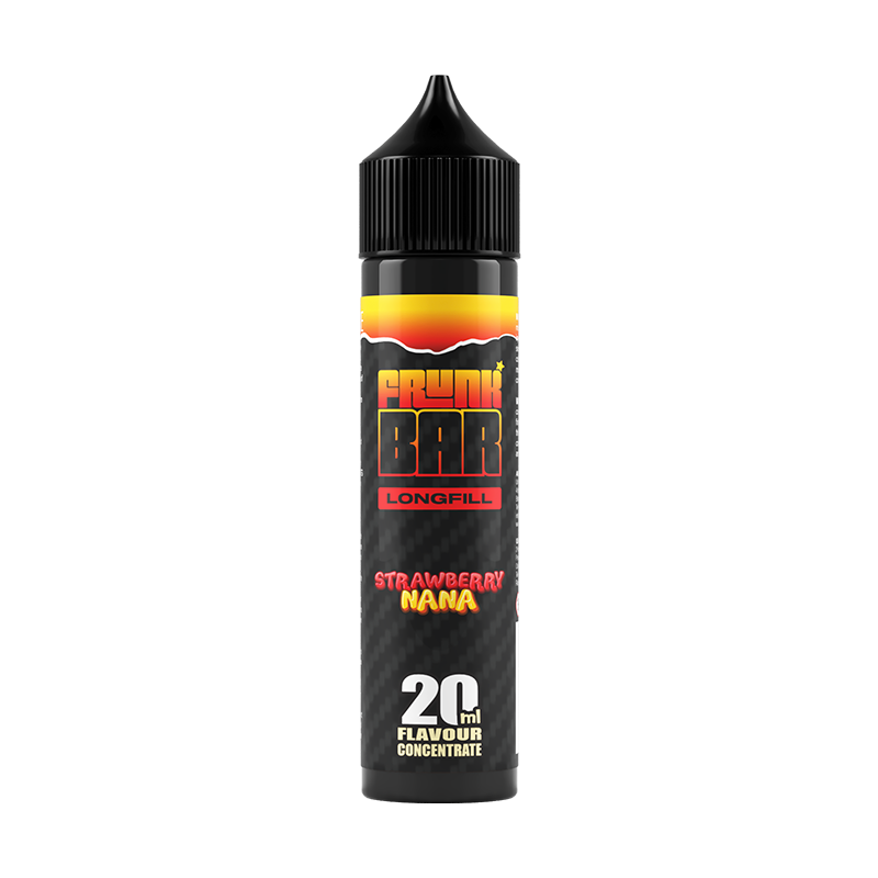 Svart, röd och orange flaska. På flaskan står det frunk bar longfill strawberry nana 20ml flavour concentrate