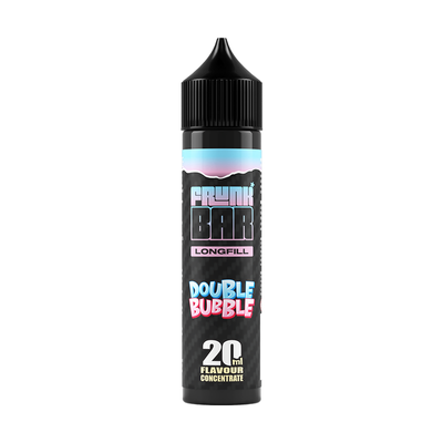 Svart, blå och rosa flaska. På flaskan står det frunk bar longfill double bubble 20ml flavour concentrate