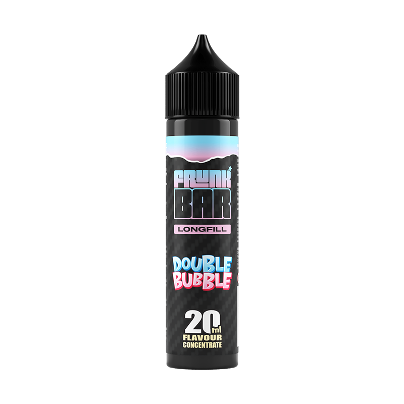Svart, blå och rosa flaska. På flaskan står det frunk bar longfill double bubble 20ml flavour concentrate