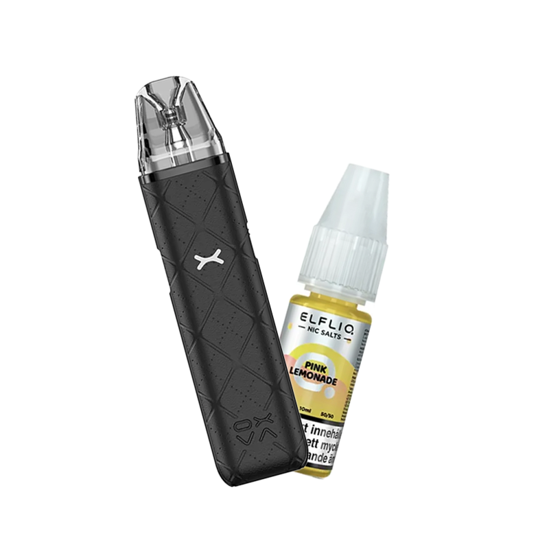 OXVA Xlim Go Pod Kit bredvid Elfliq Pink Lemonade flaska, placerade mot en ljus bakgrund.