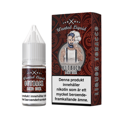 På bilden syns en flaska och låda. Lådan har ett motiv utav en tatuerad man som röker. Båda flaska och låda är röd. På båda flaska och låda står det wanted liquid outback 14mg 10ml liquor tobacco
