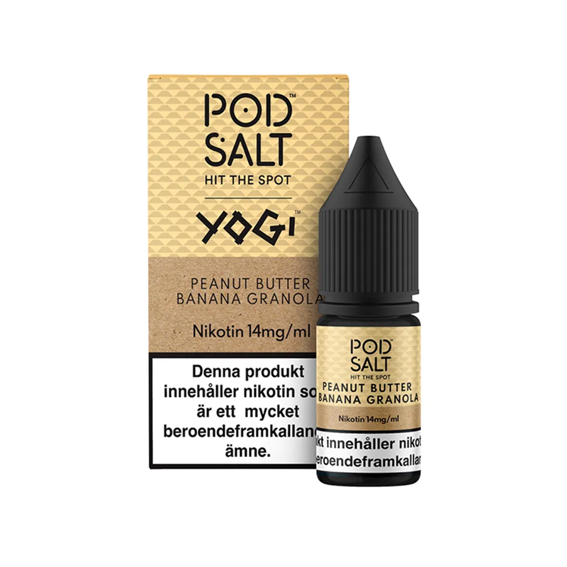 Pod Salt Peanut Butter Banana Granola Flaska bredvid originalförpackning