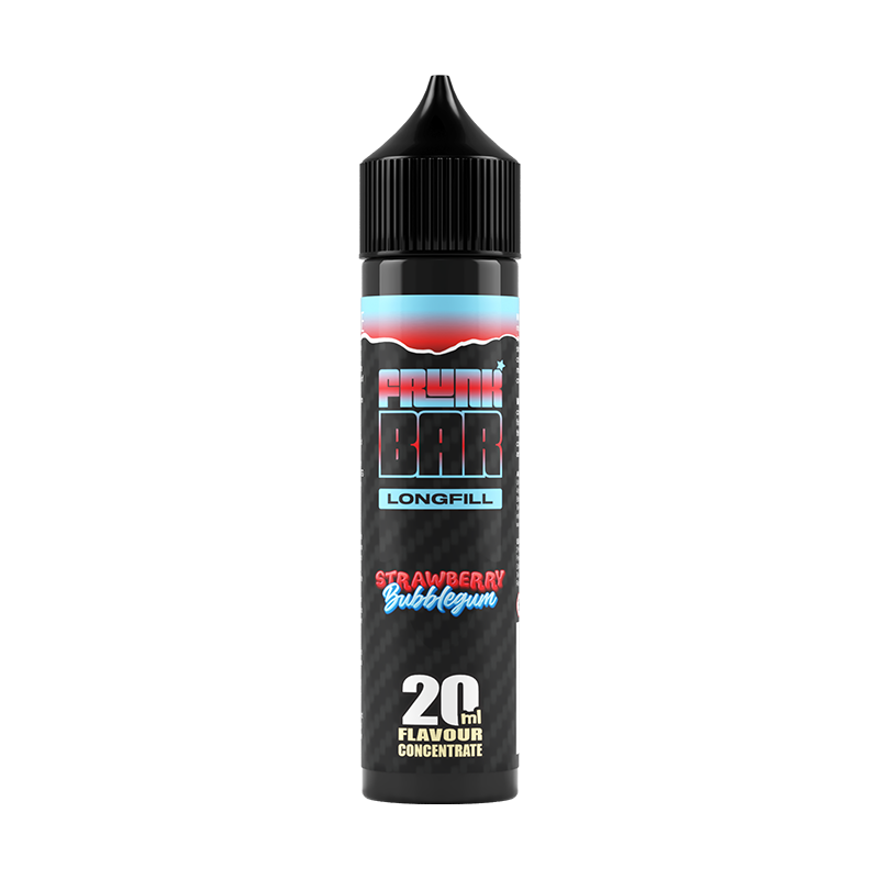 Svart, röd och blå flaska. På flaskan står det frunk bar longfill strawberry bubblegum 20ml flavour concentrate