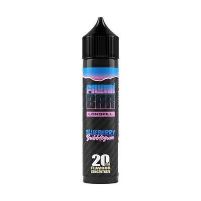 Svart, blå och lila flaska. På flaskan står det frunk bar longfill blueberry bubblegum 20ml flavour concentrate