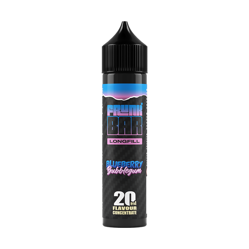 Svart, blå och lila flaska. På flaskan står det frunk bar longfill blueberry bubblegum 20ml flavour concentrate