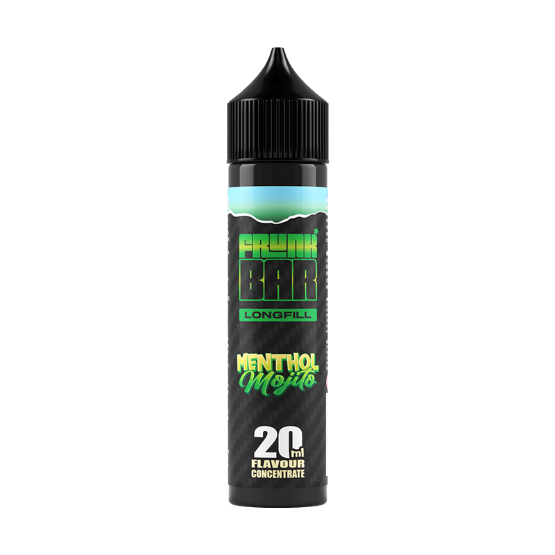 Svart, grön och blå flaska. På flaskan står det frunk bar longfill menthol mojito 20ml flavour concentrate