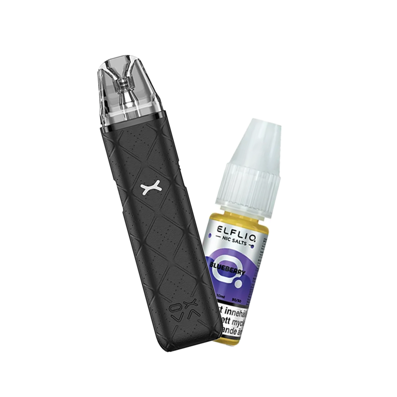 OXVA Xlim Go Pod Kit bredvid Elfliq Blueberry flaska, placerade mot en ljus bakgrund.